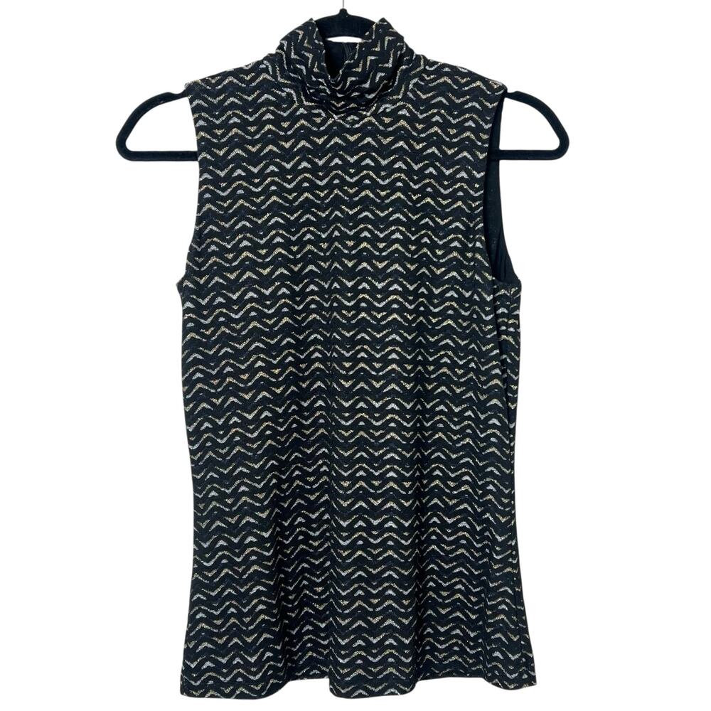 J. McLaughlin Mock Neck Tank Top Blouse Black Gold Silver Metallic Sleeveless XS